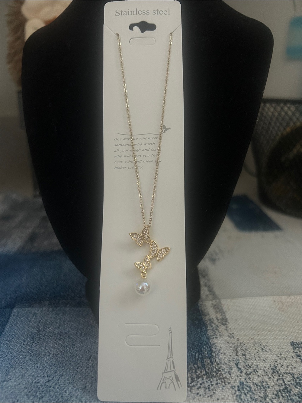 Gold Butterfly Pendant Necklace with Pearl Accent - Stainless Steel